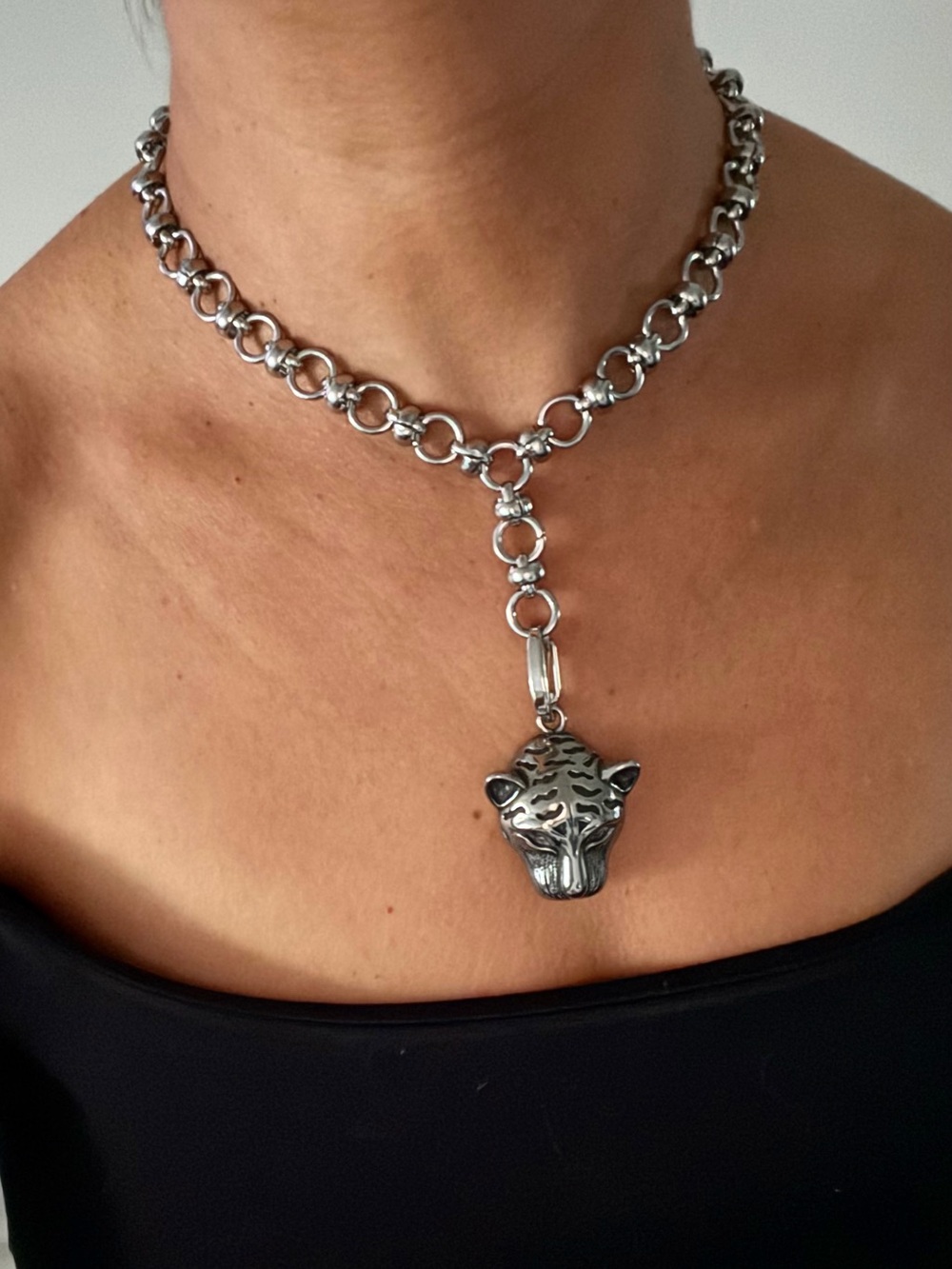Stainless Steel Tiger Head Pendant Necklace - Silver
